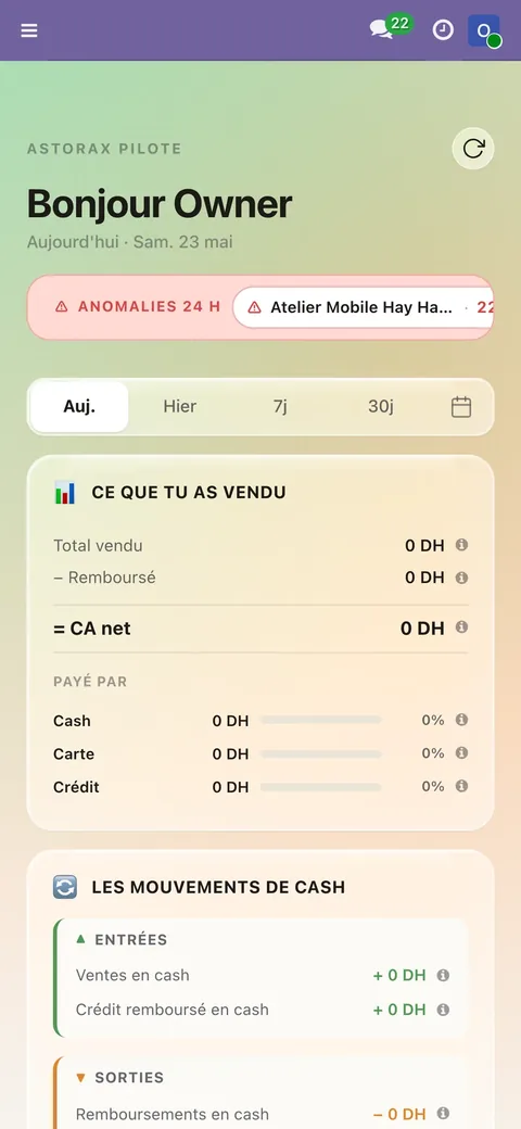 لقطة من لوحة قيادة AstoraX Pilote على iPhone، تعرض مبيعات اليوم والنقد في الصندوق ومستحقات العملاء