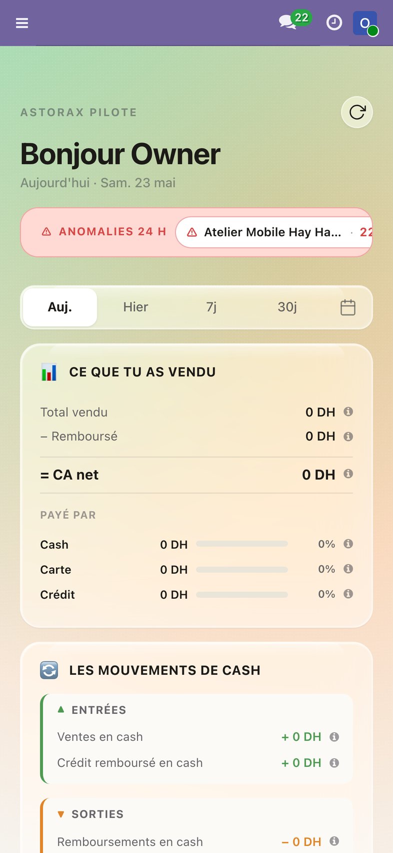 Capture du tableau de bord AstoraX Pilote sur iPhone, affichant les ventes du jour, le cash en caisse et l'encours clients